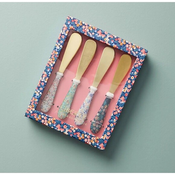 LIBERTY For Anthropologie Set of 4 Cheese Spreaders Gold Floral Charcuterie Gift - Picture 1 of 6